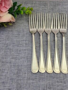 Lot of 5 Vintage Sheffield EPNS Beaded Dessert Forks